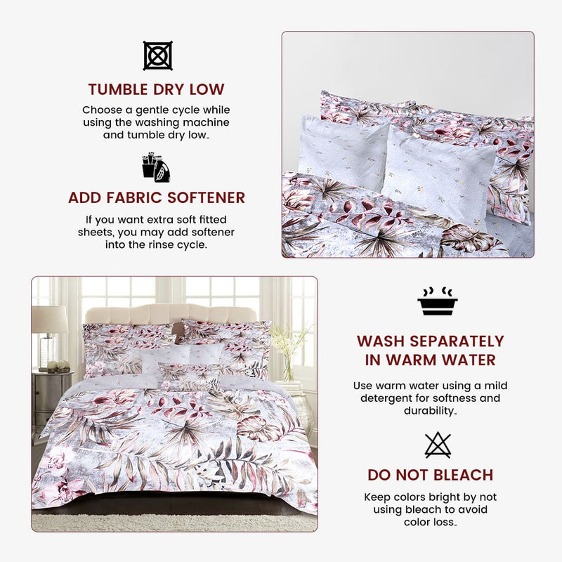 Scarlet Blooms Bed Sheet Set - Without Filling- 4 Pcs -2 Pillow Covers - 1 Fitted Bedsheet - 1 Duvet Cover