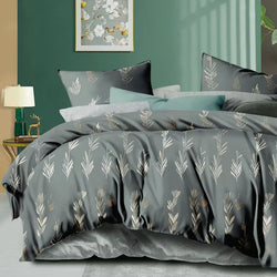 Silver Foliage Bed Sheet Set - Without Filling- 4 Pcs -2 Pillow Covers - 1 Fitted Bedsheet - 1 Duvet Cover