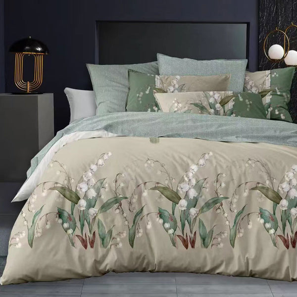 Leafy Bloom Bed Sheet Set - Without Filling- 6 Pcs - 4 Pillow Covers - 1 Bedsheet - 1 Duvet Cover