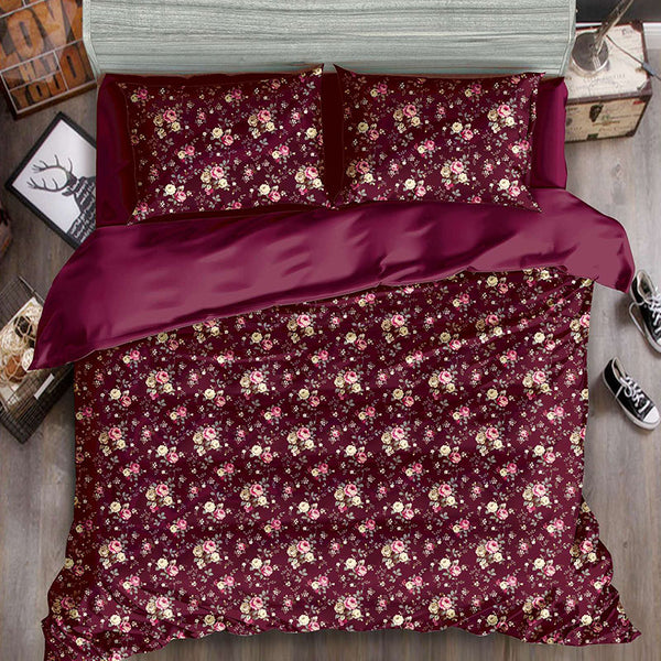 Burgundy Bouquet Bed Sheet Set - Without Filling- 6 Pcs - 4 Pillow Covers - 1 Bedsheet - 1 Duvet Cover