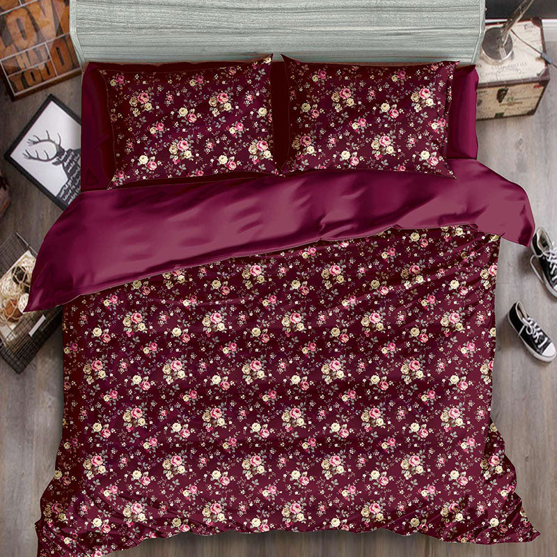 Burgundy Bouquet Bed Sheet Set - Without Filling- 4 Pcs -2 Pillow Covers - 1 Fitted Bedsheet - 1 Duvet Cover