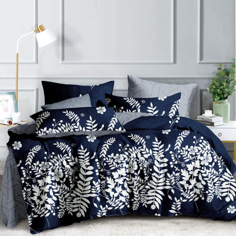 Navy Bloom Bed Sheet Set - Without Filling - 6 Pcs - 4 Pillow Covers - 1 Bedsheet - 1 Duvet Cover