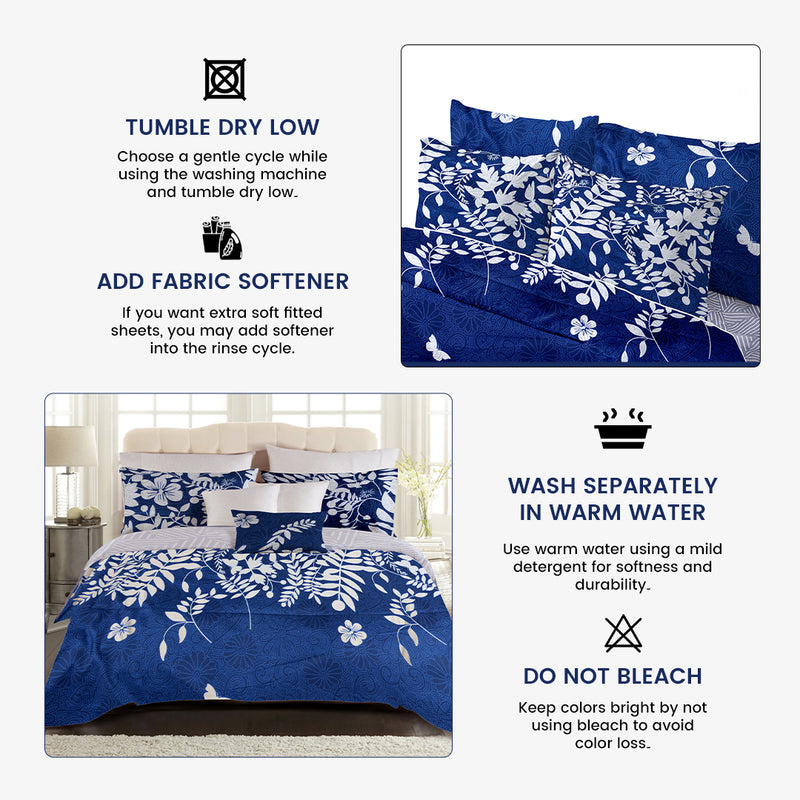 Navy Bloom Bed Sheet Set - Without Filling - 6 Pcs - 4 Pillow Covers - 1 Bedsheet - 1 Duvet Cover