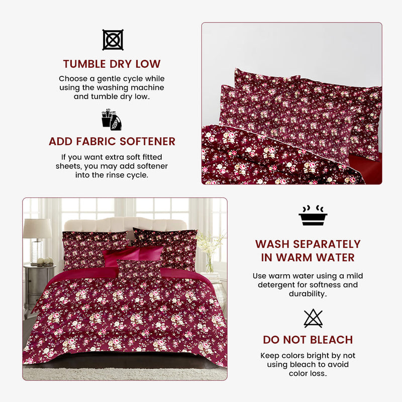 Burgundy Bouquet Bed Sheet Set - Without Filling- 4 Pcs -2 Pillow Covers - 1 Fitted Bedsheet - 1 Duvet Cover