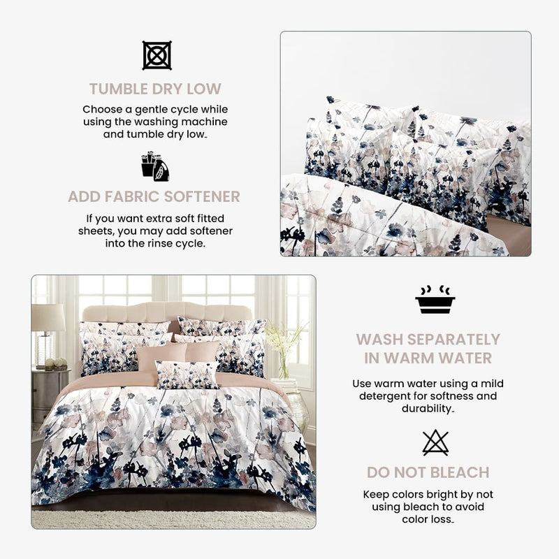 Serene Blossoms Bed Sheet Set - Without Filling - 6 Pcs - 4 Pillow Covers - 1 Bedsheet - 1 Duvet Cover