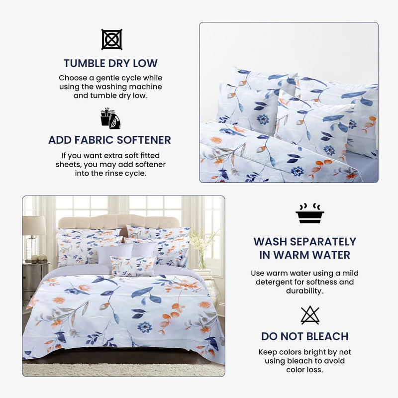 Serenity Leaves Bed Sheet Set - Without Filling- 4 Pcs -2 Pillow Covers - 1 Fitted Bedsheet - 1 Duvet Cover