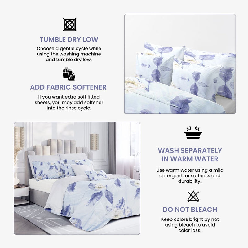 Azure Bloom Bed Sheet Set - Without Filling- 4 Pcs -2 Pillow Covers - 1 Fitted Bedsheet - 1 Duvet Cover