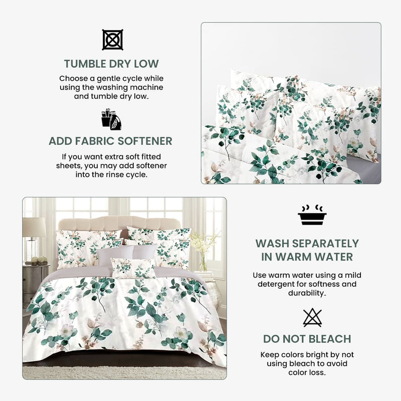 Serene Greens Bed Sheet Set - Without Filling- 6 Pcs - 4 Pillow Covers - 1 Bedsheet - 1 Duvet Cover