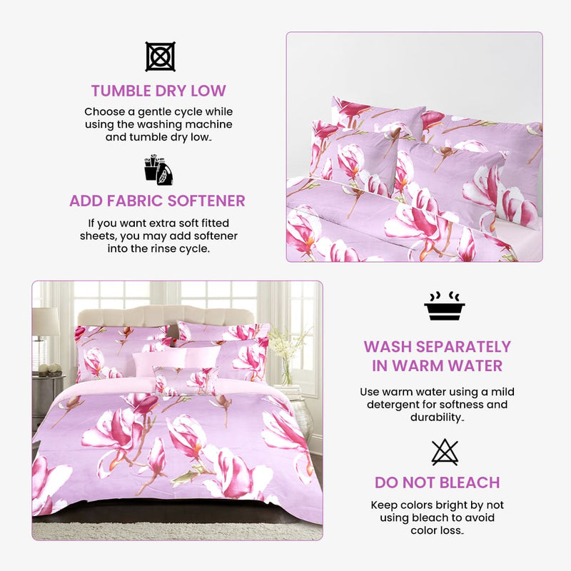 Blossom Bliss Bed Sheet Set - Without Filling- 4 Pcs -2 Pillow Covers - 1 Fitted Bedsheet - 1 Duvet Cover