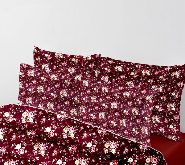 Burgundy Bouquet Bed Sheet Set - Without Filling- 6 Pcs - 4 Pillow Covers - 1 Bedsheet - 1 Duvet Cover